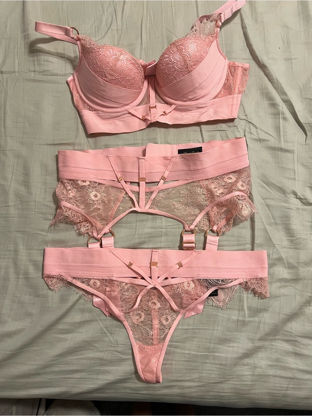 Honey Birdette Belinda pink set 32 DD medium garter medium thong